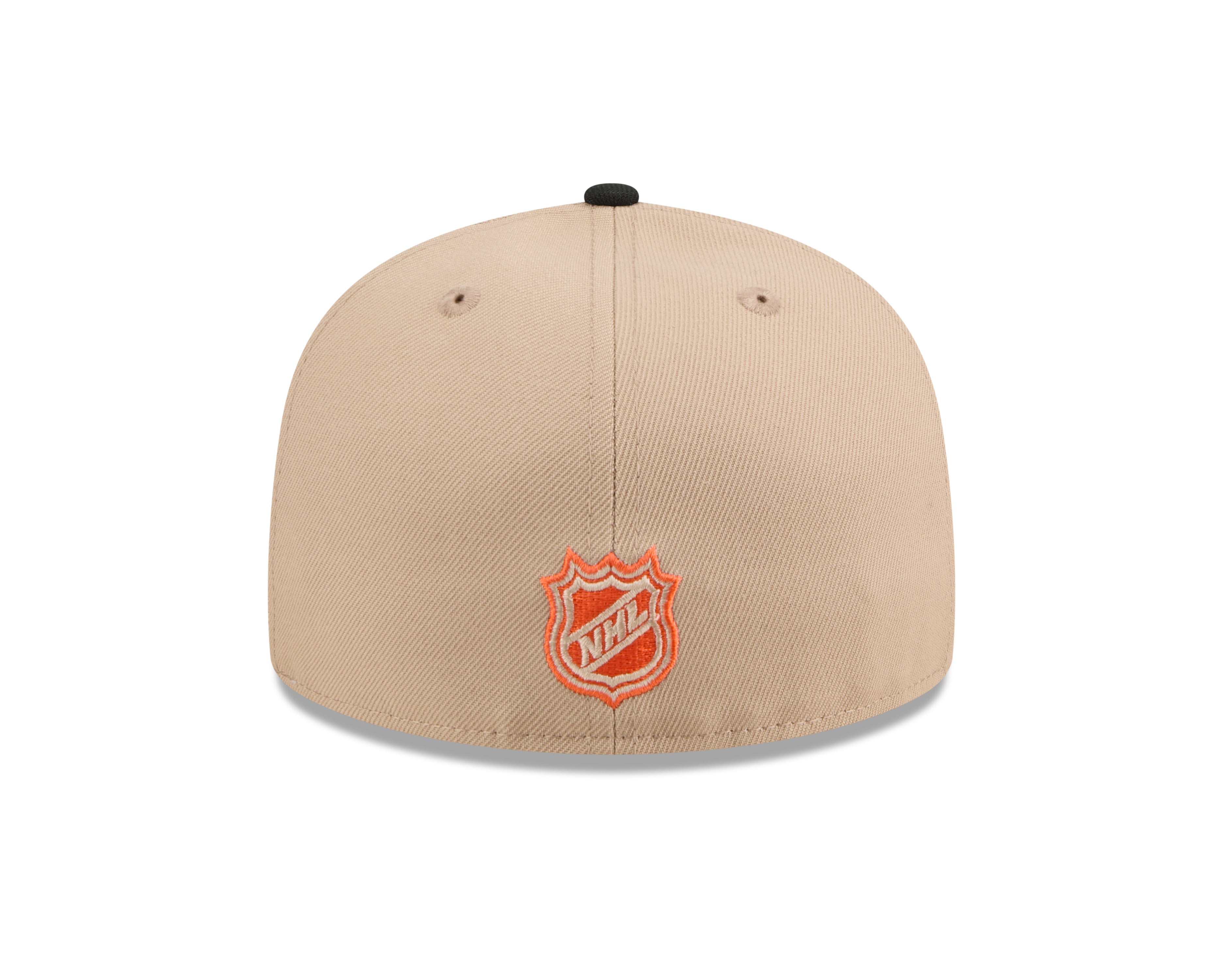 New Era 59FIFTY fitted kasket med Anaheim Ducks logo i camel og sort farve, synlig på billedet.