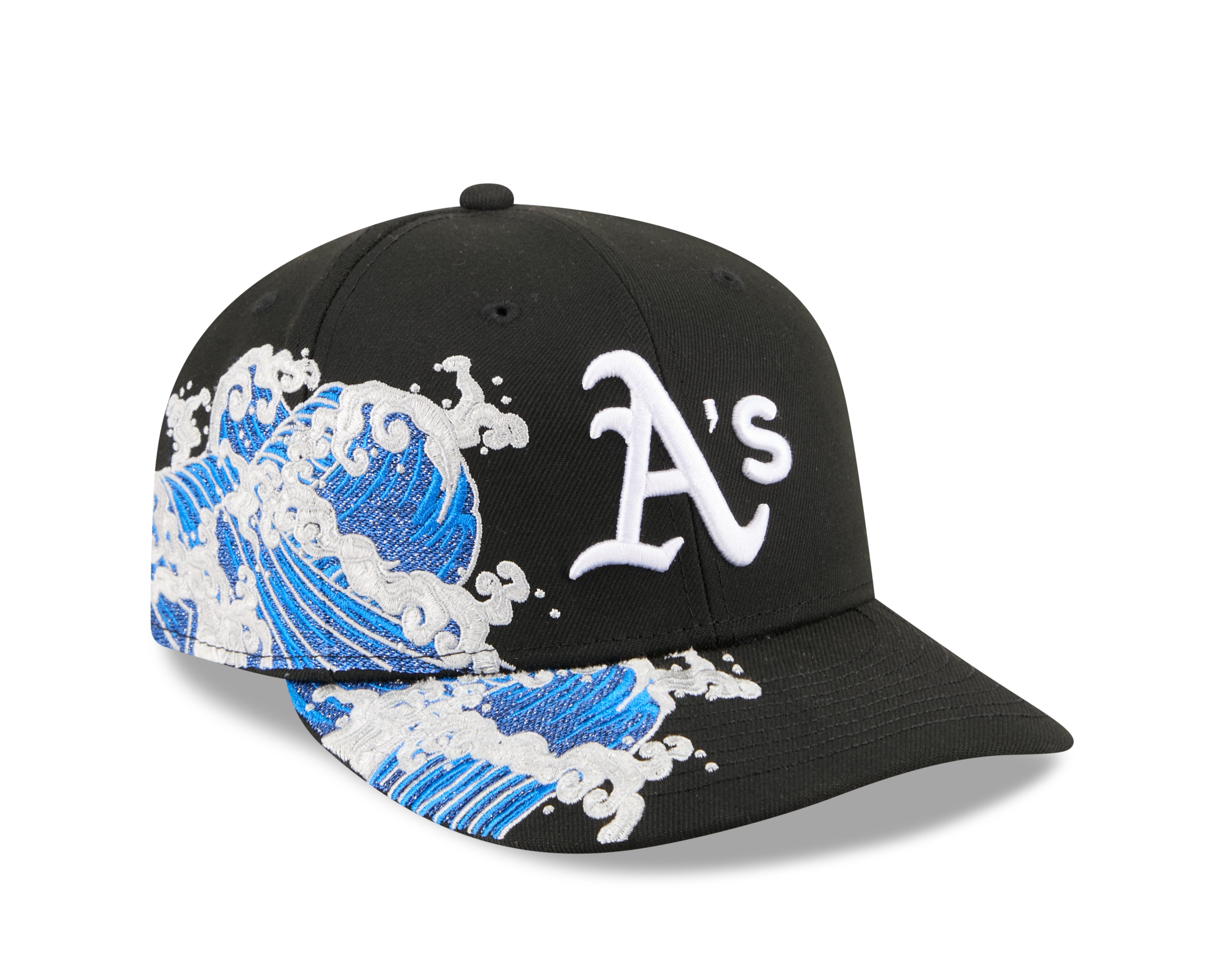 Sort New Era 59FIFTY Fitted Cap med Oakland Athletics logo og VISSURF-design, vises med flat visir og justerbar pasform