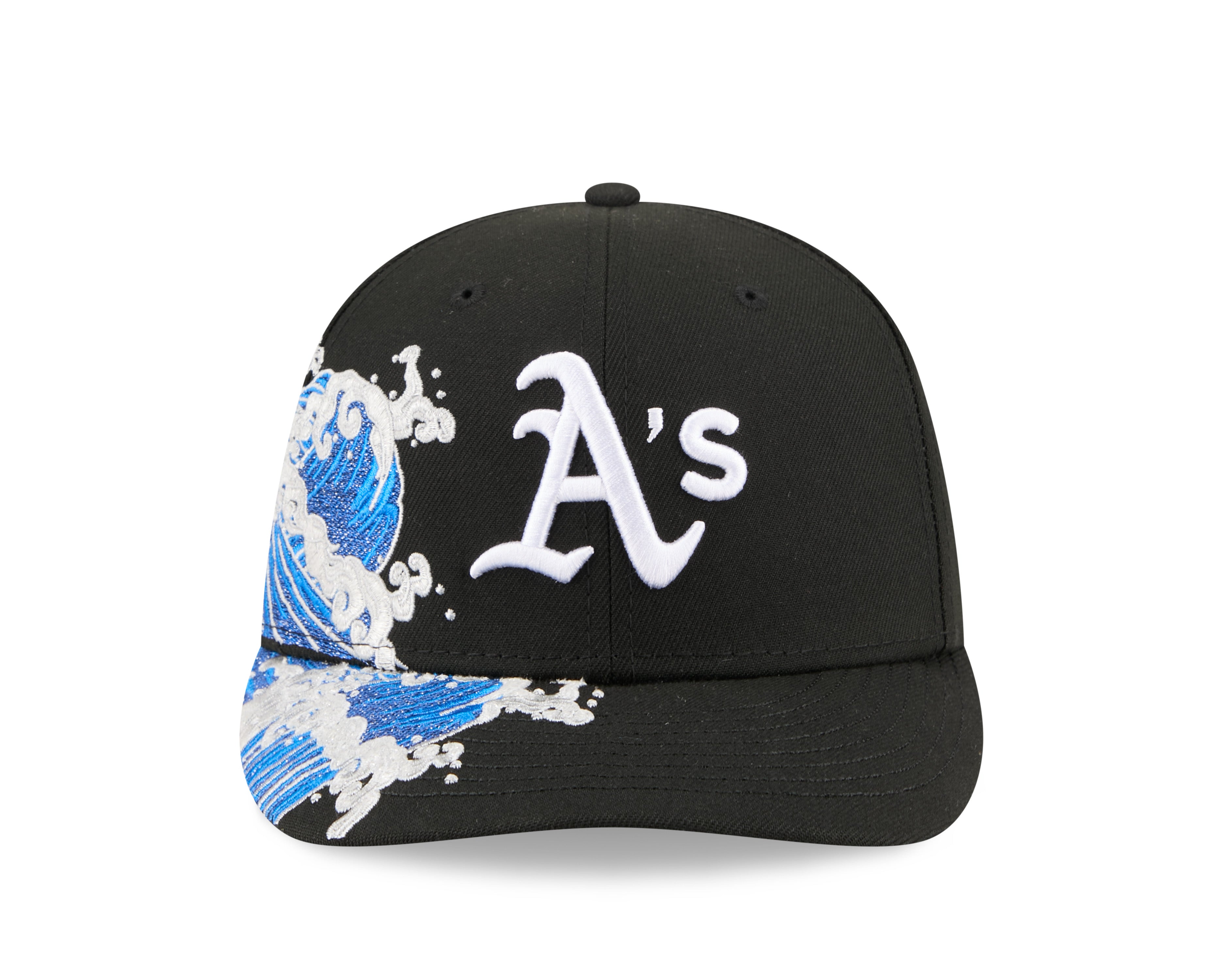 Sort New Era 59FIFTY fitted cap med Oakland Athletics logo og VISSURF-design, vises med flat visir og justerbar pasform