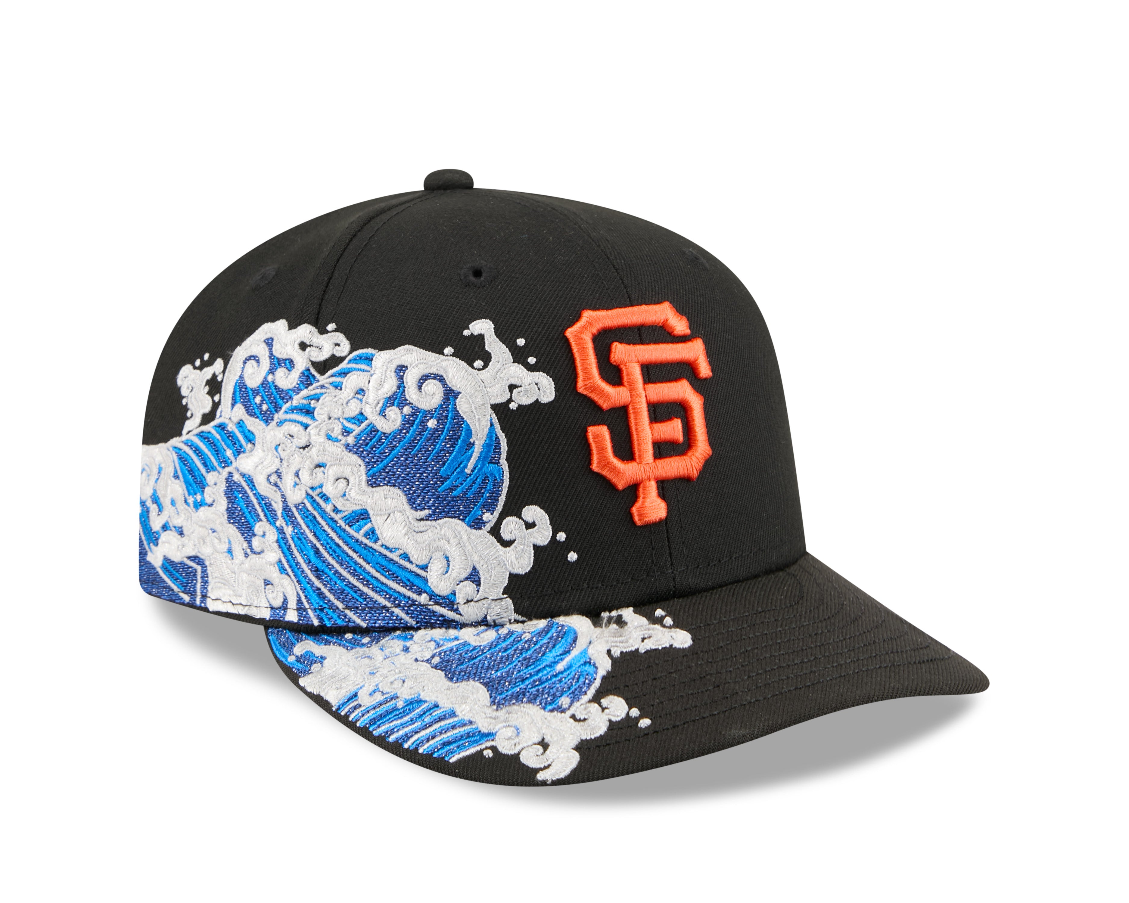 Sort New Era 59FIFTY Fitted Cap med San Francisco Giants logo og VISSURF-design, set forfra.