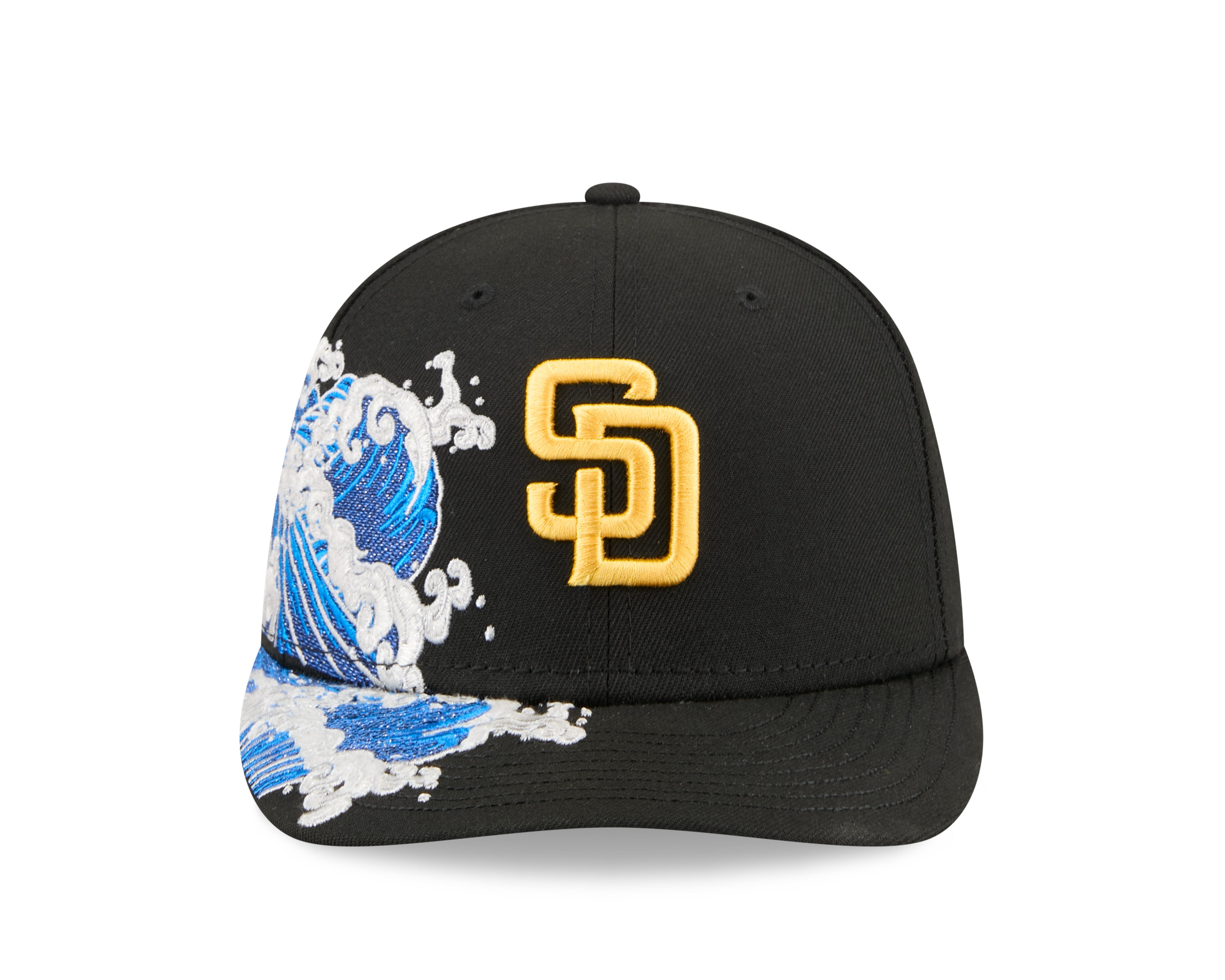 Sort New Era 59FIFTY fitted cap med San Diego Padres logo, VISSURF-design, vises i billedet.