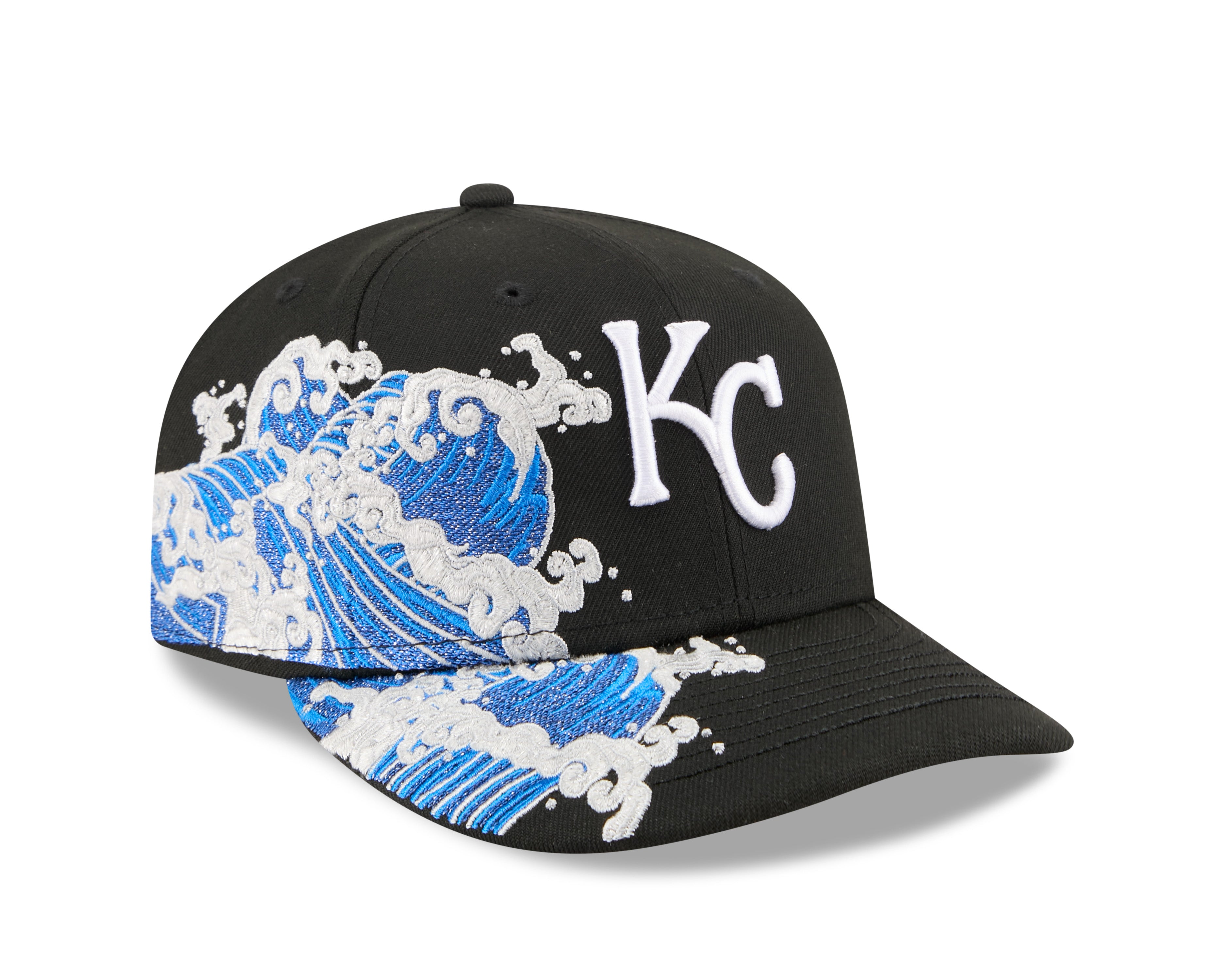 Sort New Era 59FIFTY fitted kasket med Kansas Royals logo, VISSURF-design og flat top.