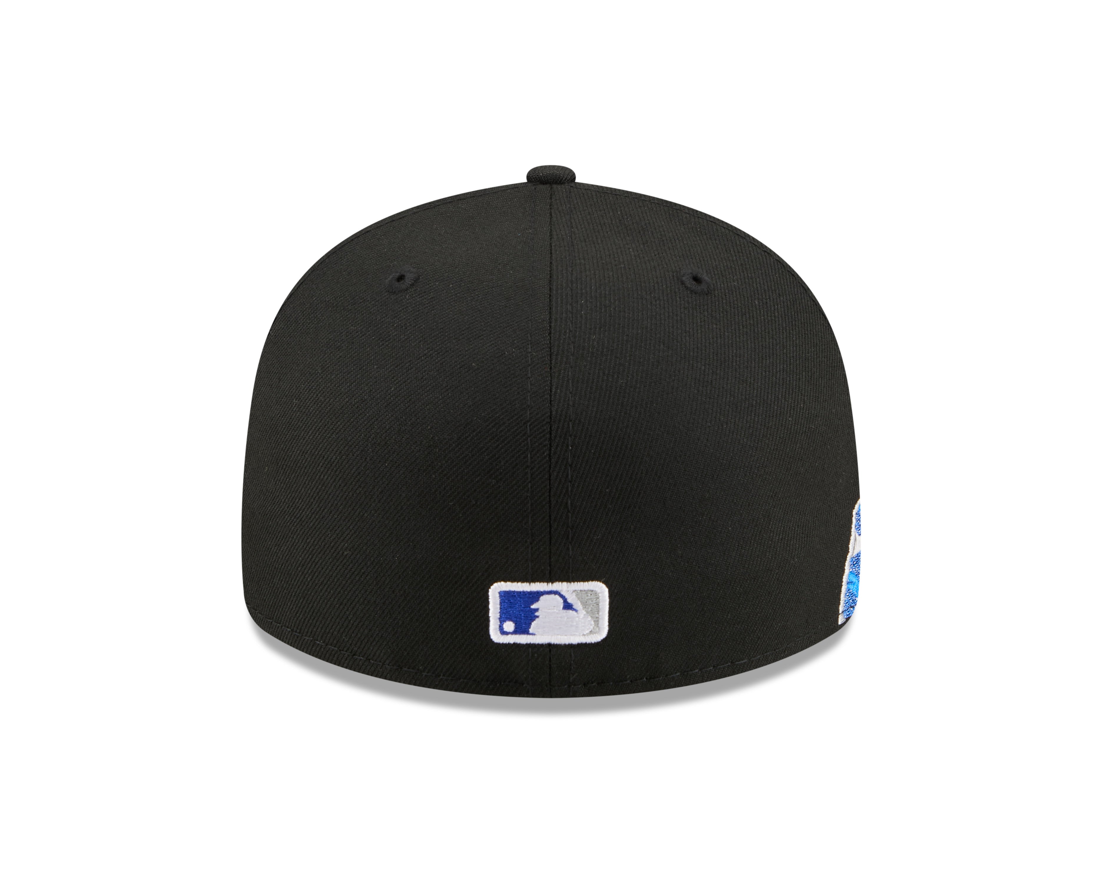 Sort New Era 59FIFTY Fitted Cap med Kansas Royals logo, VISSURF-design, foran set, detaljeret visning.
