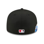 Sort New Era 59FIFTY fitted baseballkasket med Anaheim Angels logo og VISSURF-design, tætvisning.