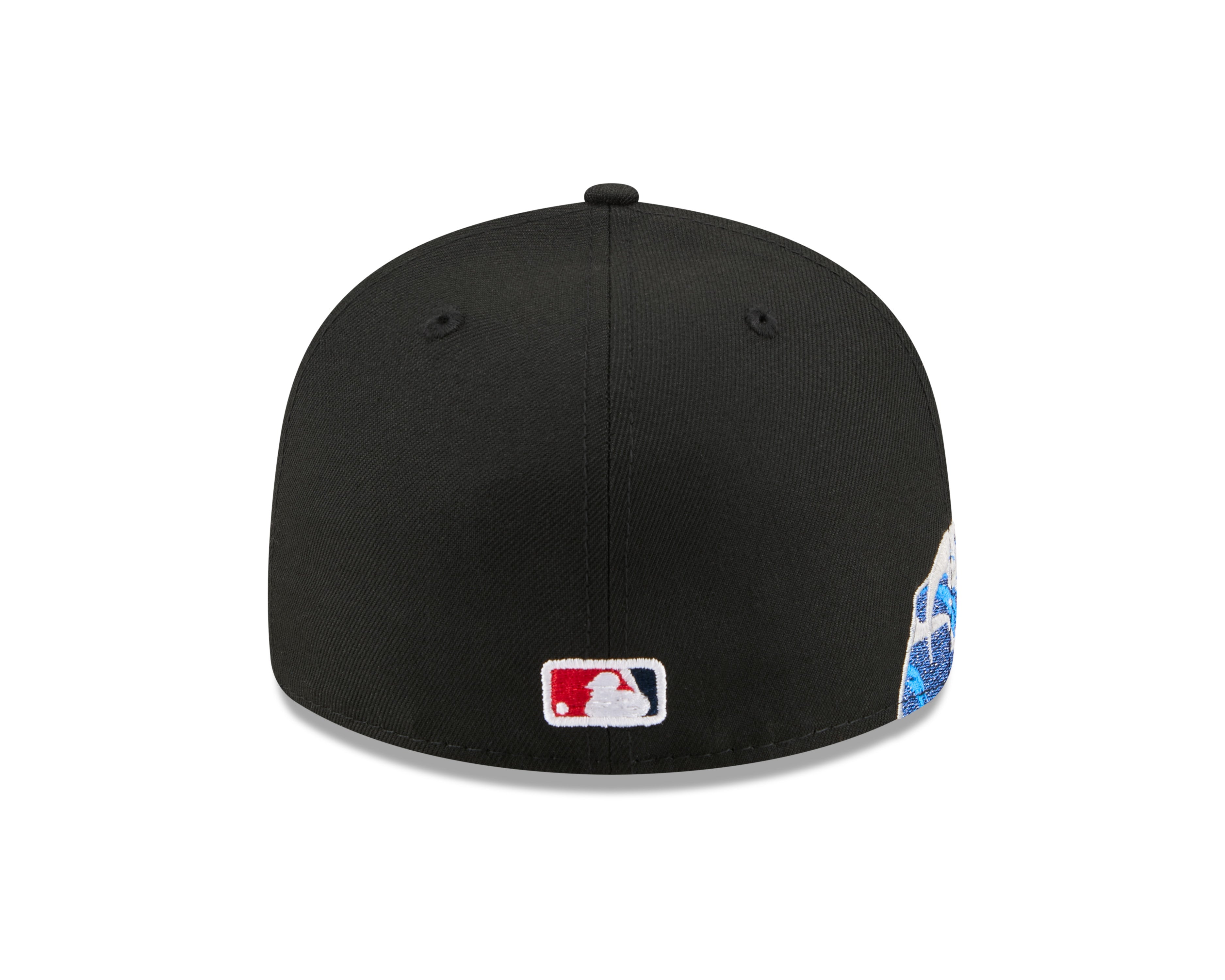 Sort New Era 59FIFTY fitted baseballkasket med Anaheim Angels logo og VISSURF-design, tætvisning.