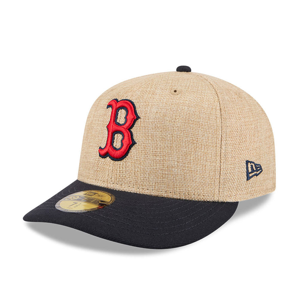 Danish: New Era 59FIFTY fitted cap med Boston Red Sox logo i TWINE-design, sort og grå, foran vises detaljer og syningsmønster.