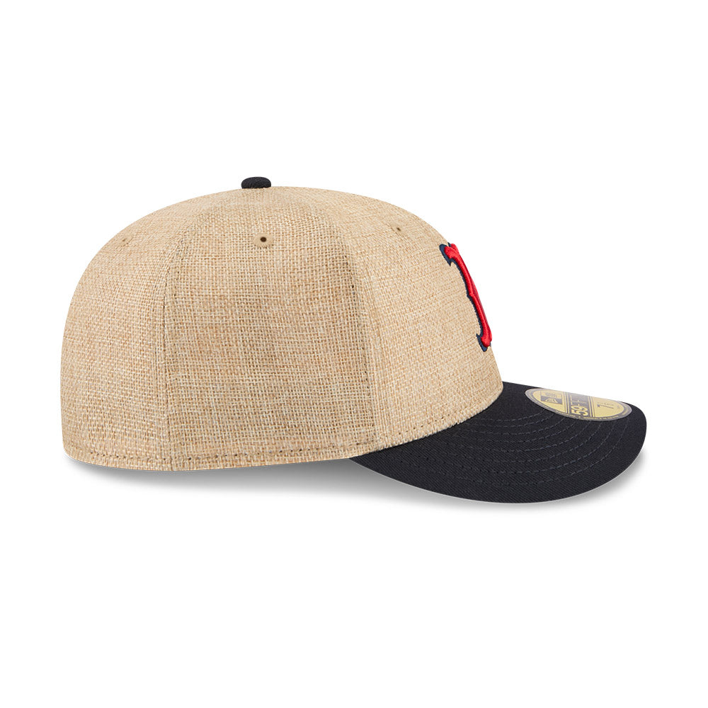 New Era 59FIFTY fitted kasket med Boston Red Sox logo i twine-material, sort og grå farve, foran vises det unikke design.