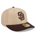 Sort New Era 59FIFTY Fitted Cap med San Diego Padres logo, TWINE farve, detaljer og flat visning.