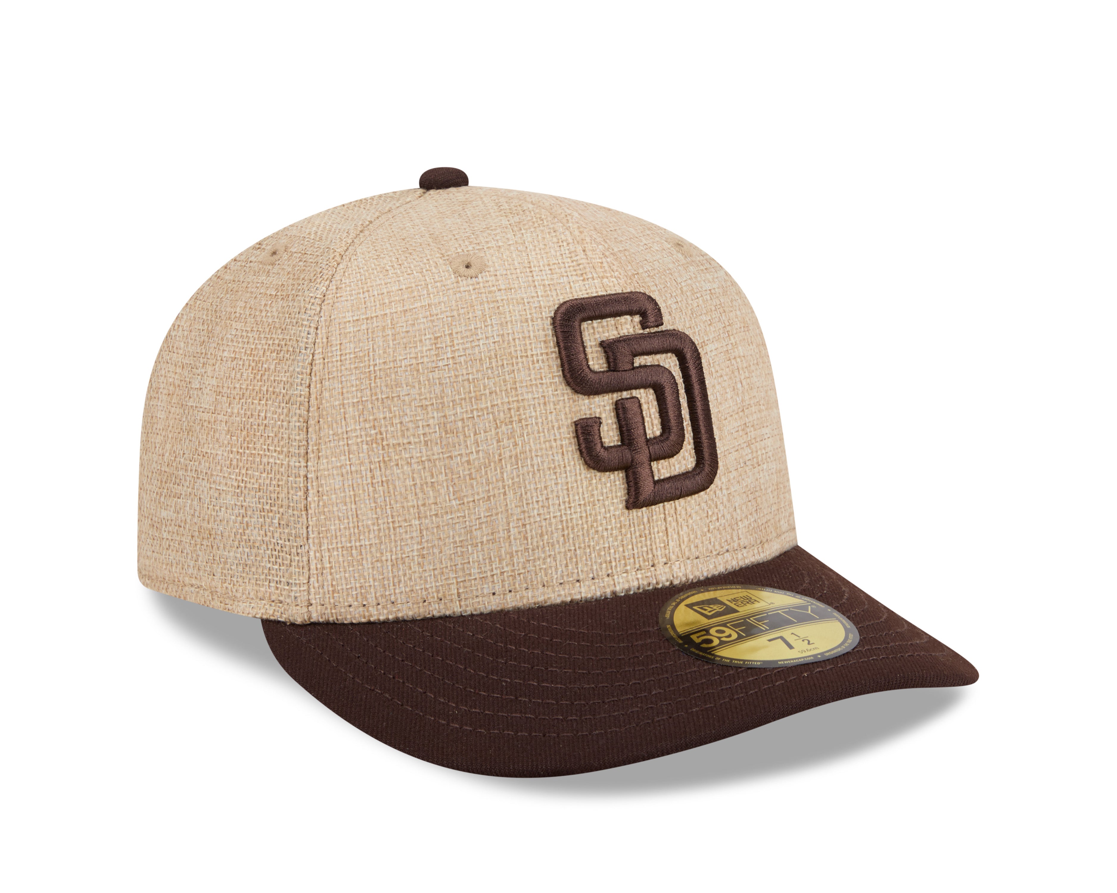 Sort New Era 59FIFTY Fitted Cap med San Diego Padres logo, TWINE farve, detaljer og flat visning.