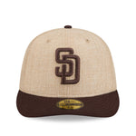 New Era 59FIFTY fitted cap med San Diego Padres logo i twine farve, justerbart, sportsmode i close-up.