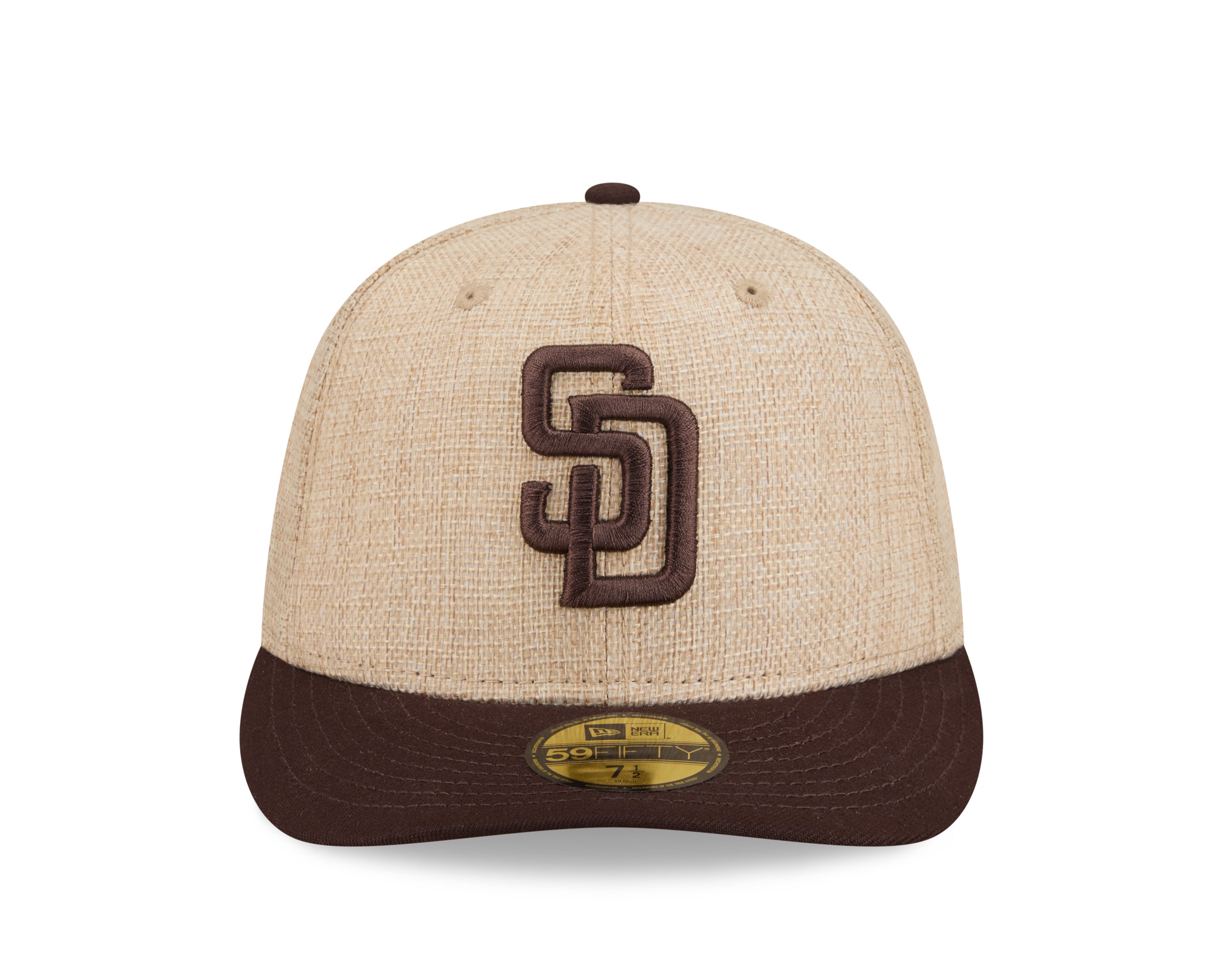New Era 59FIFTY fitted cap med San Diego Padres logo i twine farve, justerbart, sportsmode i close-up.