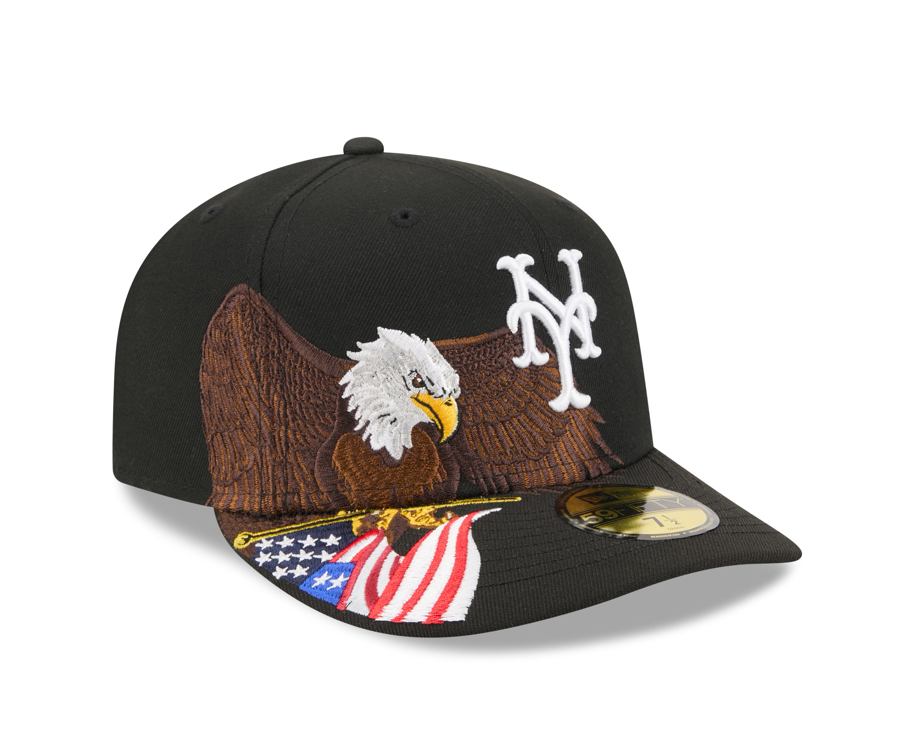 Sort New Era 59FIFTY fitted cap med New York Mets logo og eagle-design, klassisk baseball cap til fans.