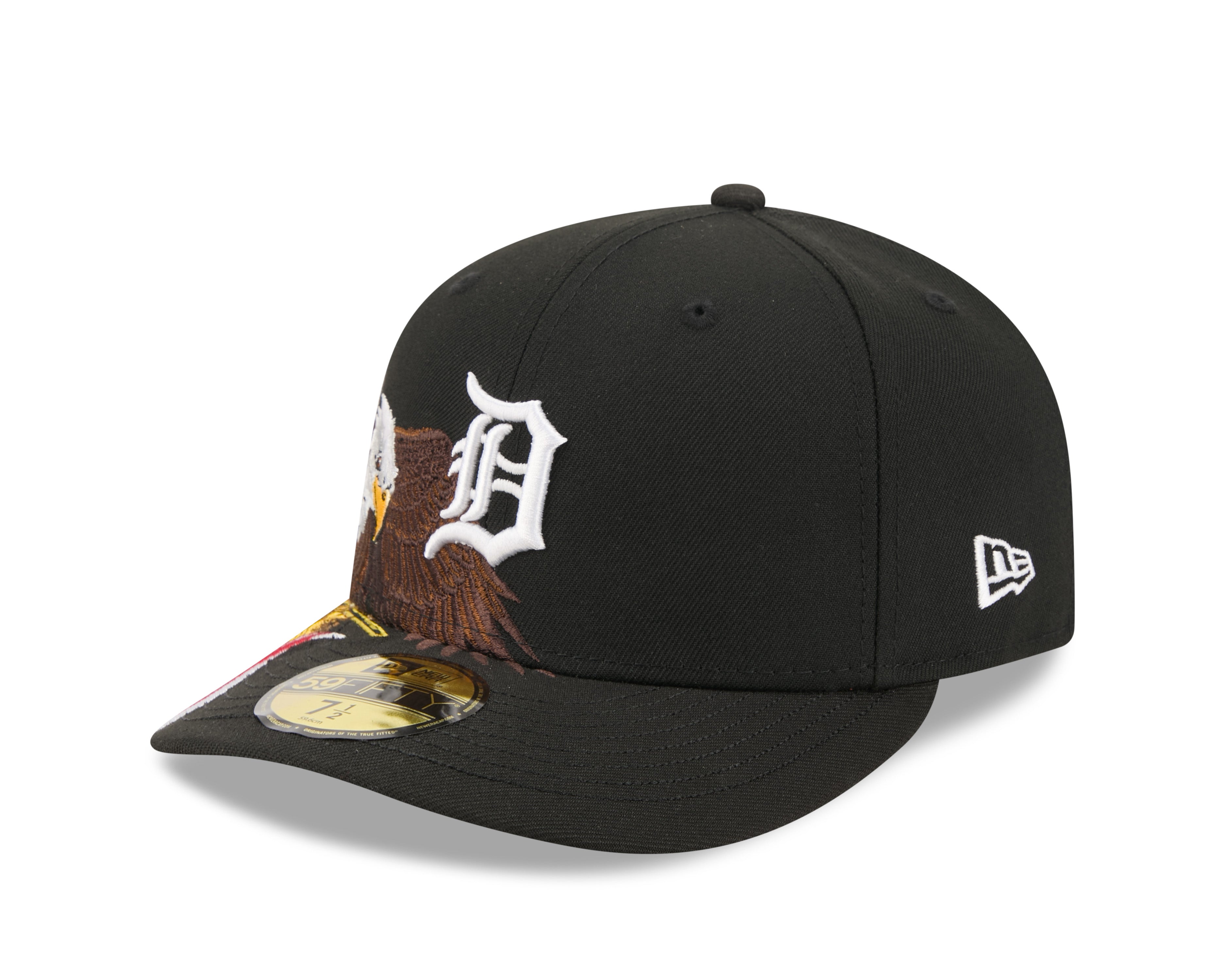 Sort New Era 59FIFTY fitted baseballkasket med Detroit Tigers logo og Eagle-design, perfekt til sport og fritid.