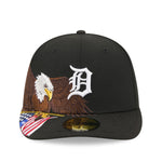 Sort New Era 59FIFTY fitted cap med Detroit Tigers logo og eagle-design, perfekt til baseballfans.
