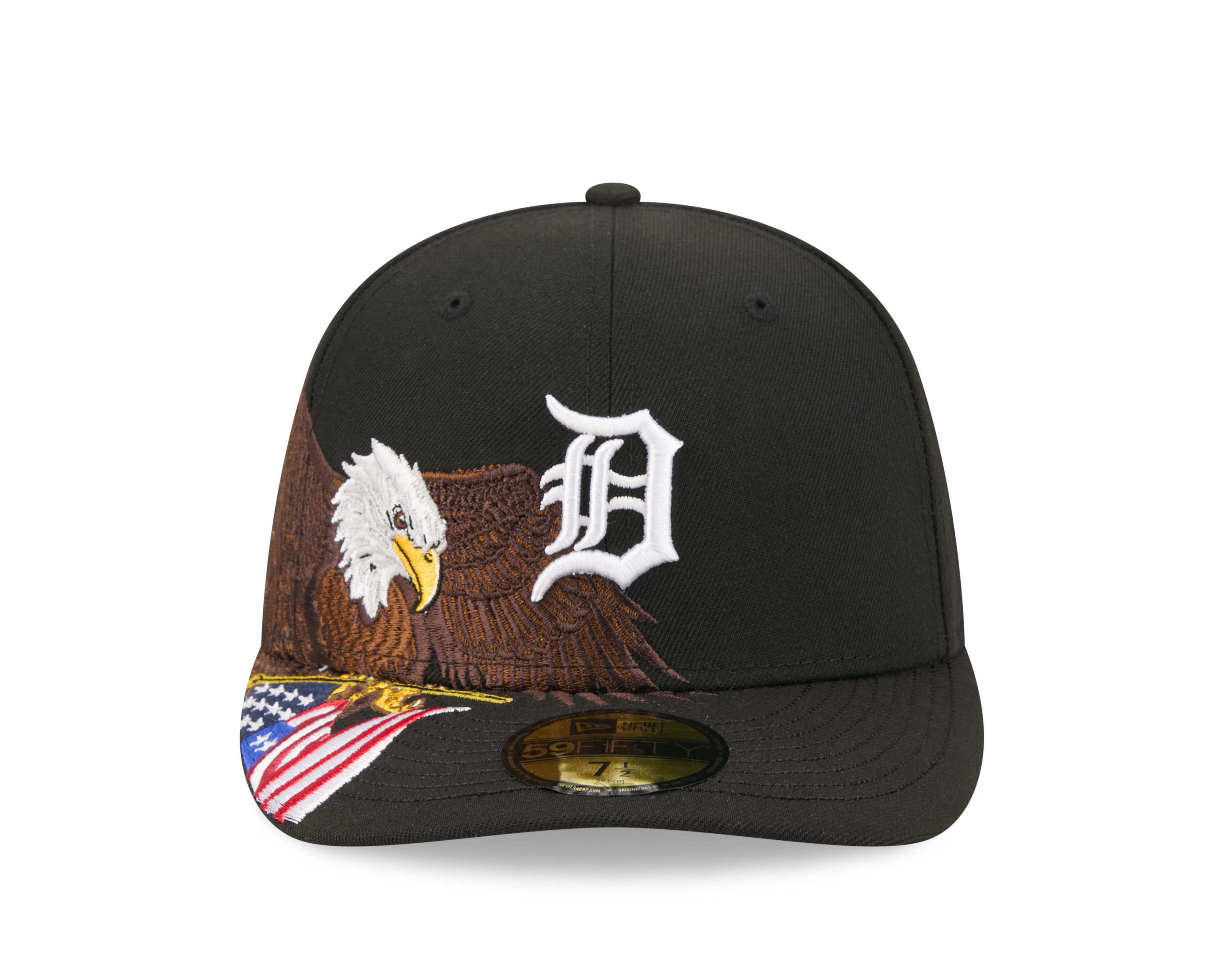 Sort New Era 59FIFTY fitted cap med Detroit Tigers logo og eagle-design, perfekt til baseballfans.