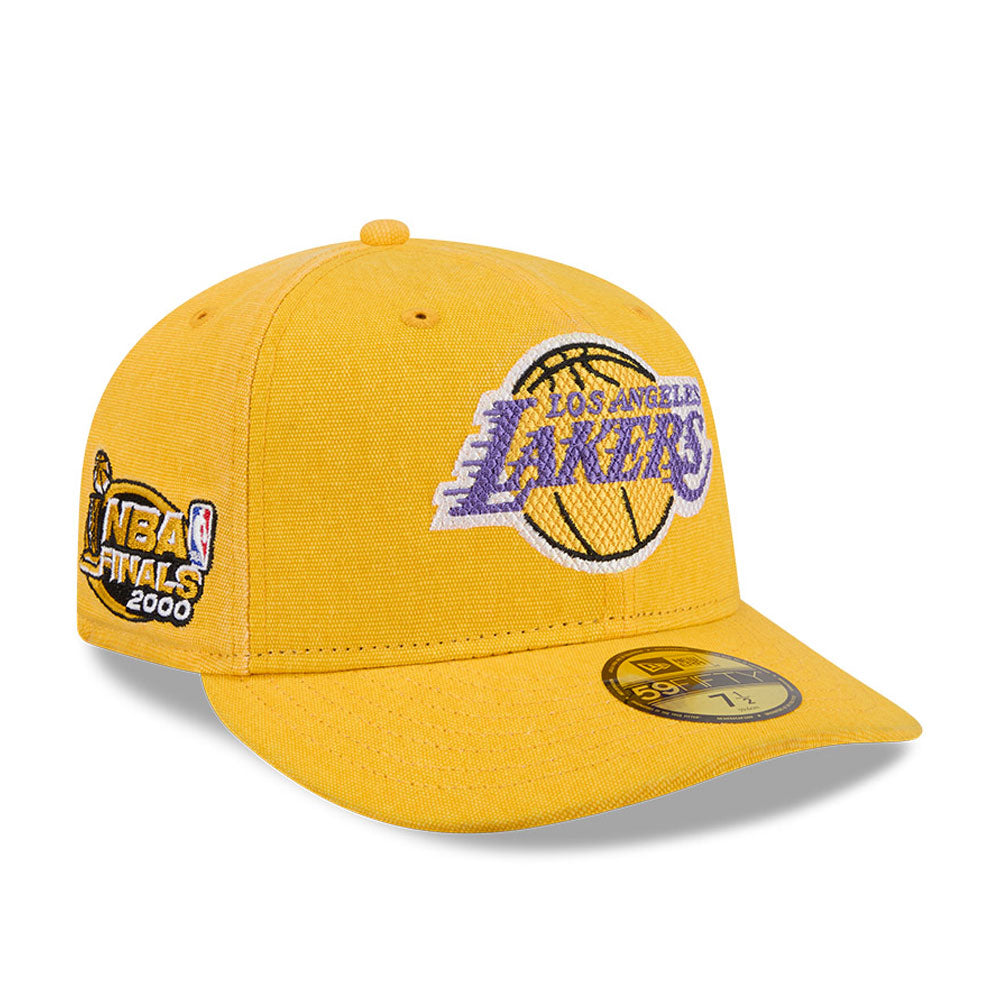 New Era 59FIFTY fitted LA Lakers cap i gult med hardwood classic design, blødt stof og flat visir.