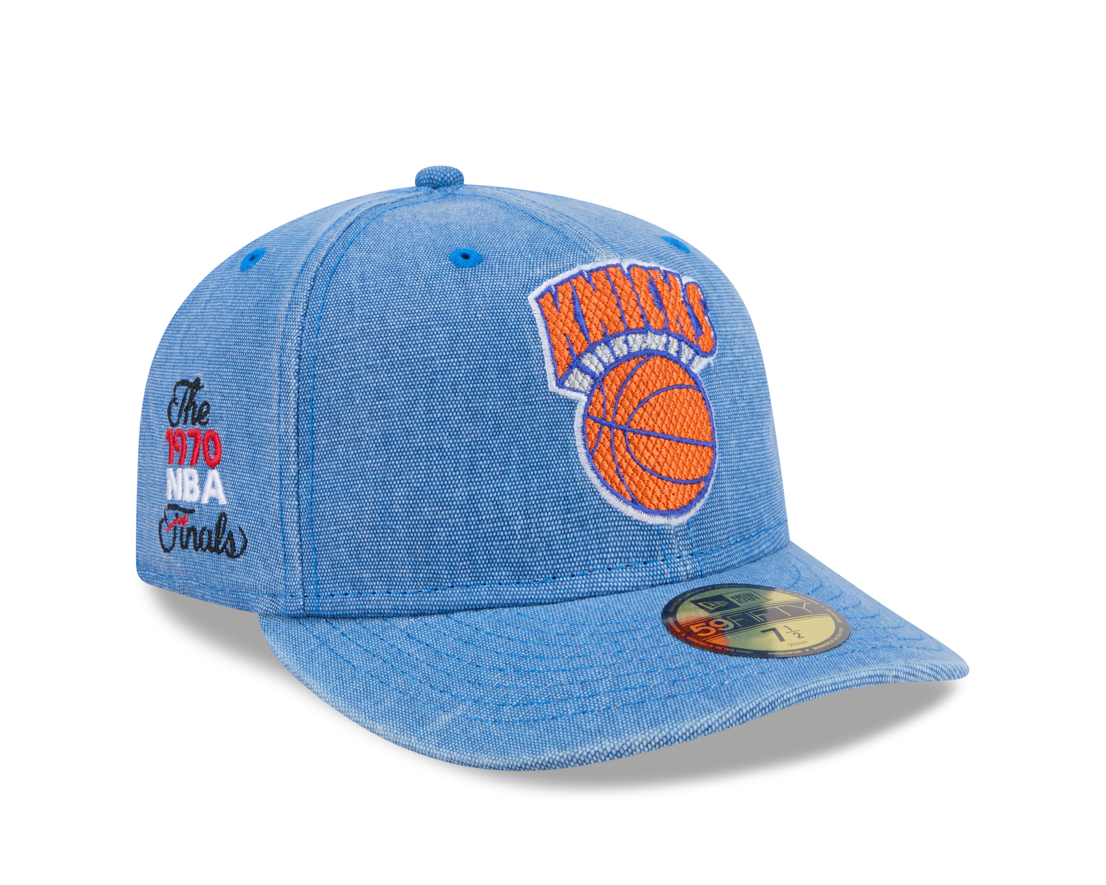 New Era 59FIFTY fitted cap med Knicks logo, blå Hardwood Classic design, snapback, foran og vises på modellen