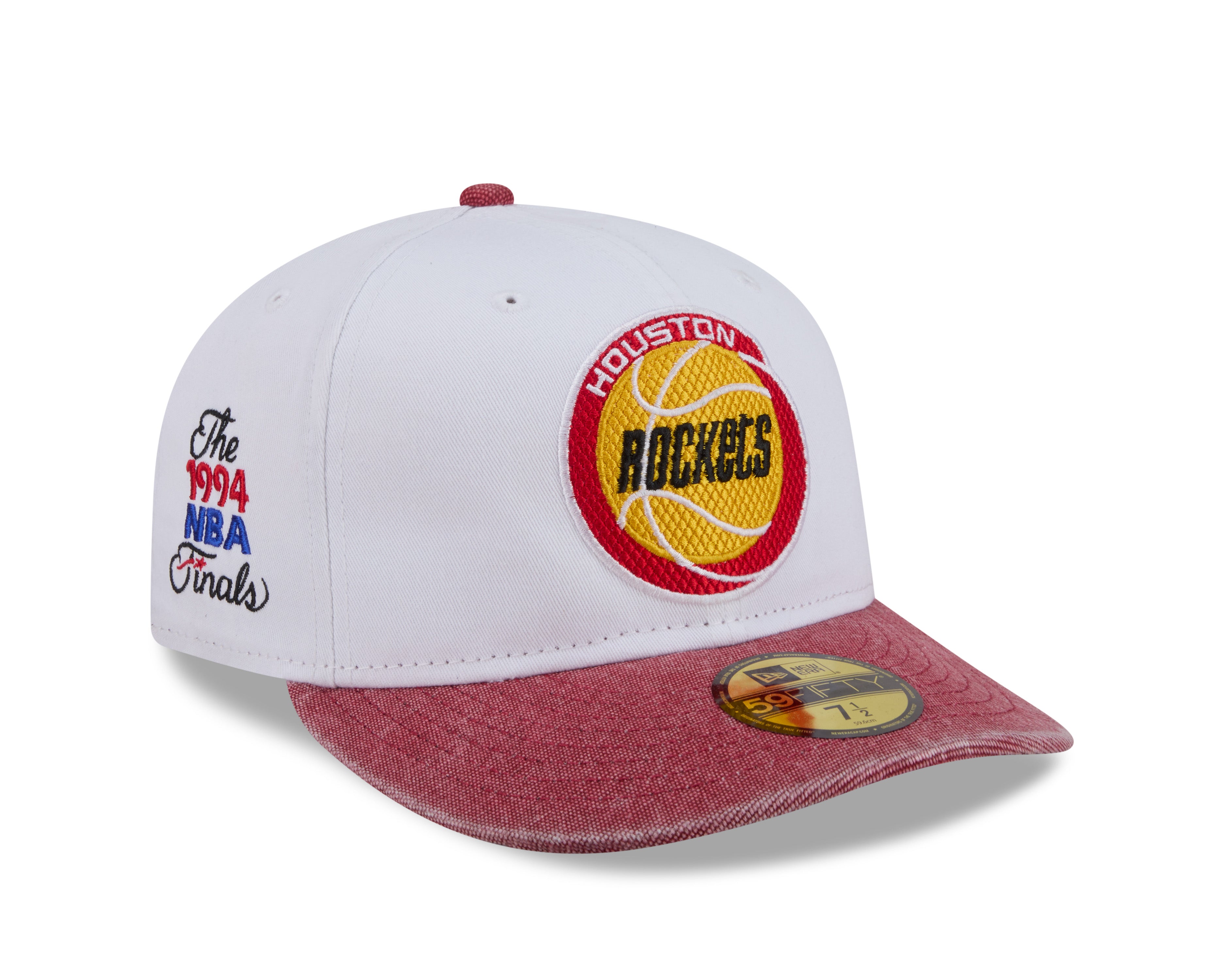 New Era Houston Rockets 59FIFTY fitted cap i hvid og rød med basketball-graphics og klassisk design.