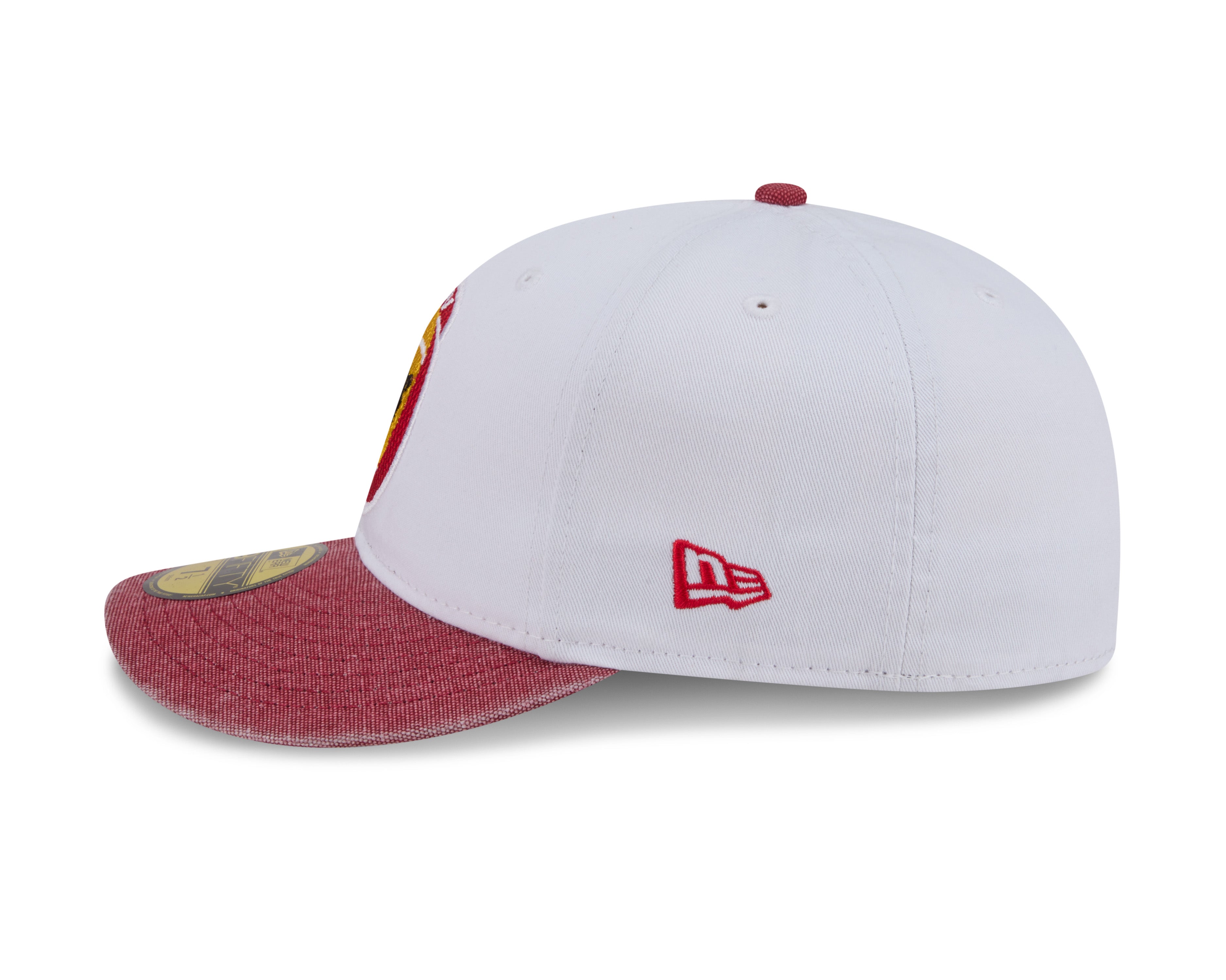 New Era 59FIFTY fitted cap til Houston Rockets i hvid og rød med Hardwood Classic design, vises fra side.