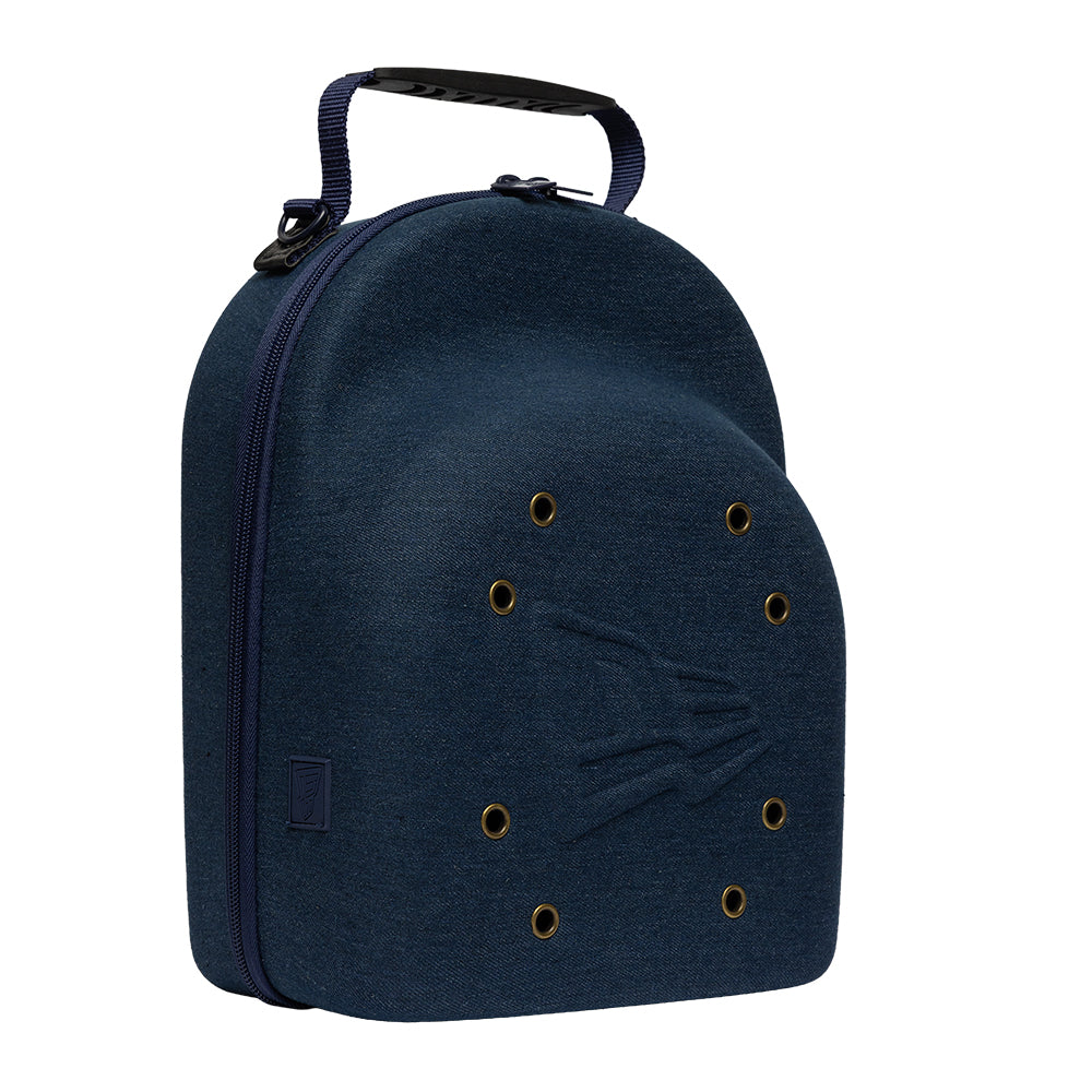 Navy New Era denim capbærer i 6-pack, taske til opbevaring og transport af caps, med justerbare stropper og praktisk design.