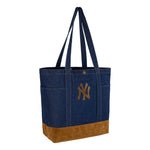 Navy New Era suede denim tote taske med Yankees logo, stor og rummelig, perfekt til hverdagsbrug.