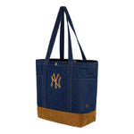 Navy New Era suede denim tote taske med Yankees logo, rummelig og stilfuld til hverdagsbrug.