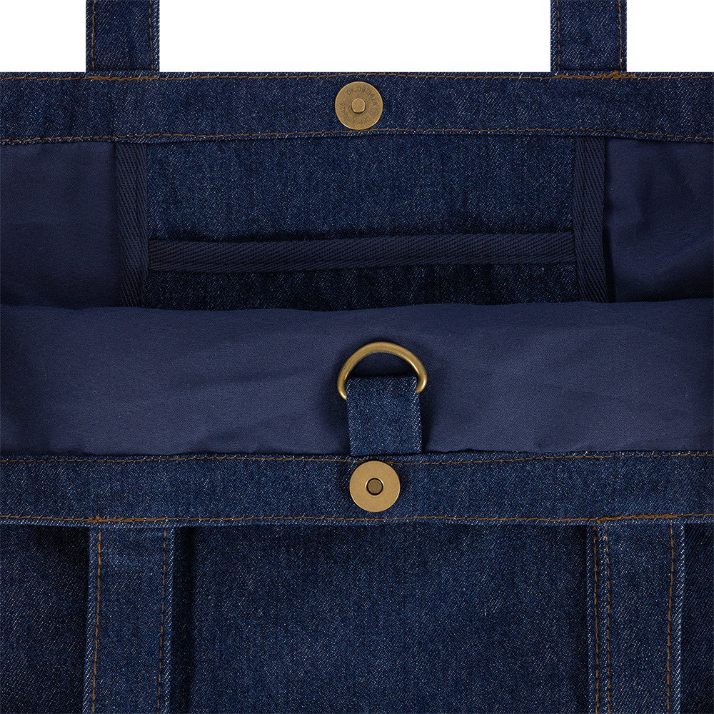 Navy New Era suede denim tote taske med Yankees logo, rummelig design, perfekt til hverdagsbrug.