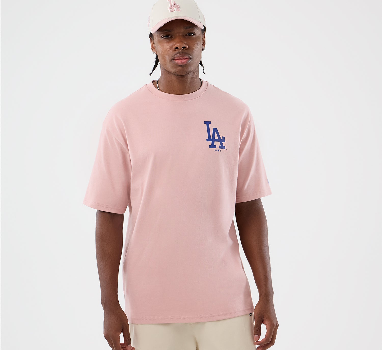 Pink New Era MLB Los Angeles Dodgers oversize T-shirt med grafisk design og logo, afslappet og komfortabel pasform
