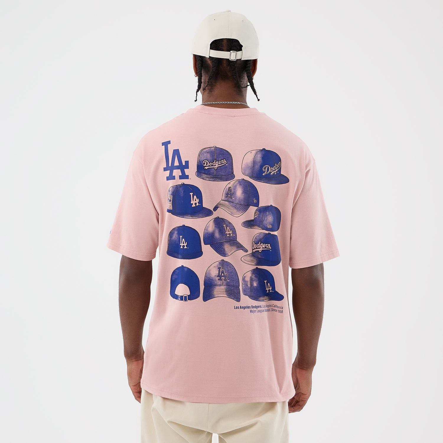 Lyserød New Era MLB-caps grafisk oversized T-shirt med Los Angeles Dodgers-logo og sportlig stil.