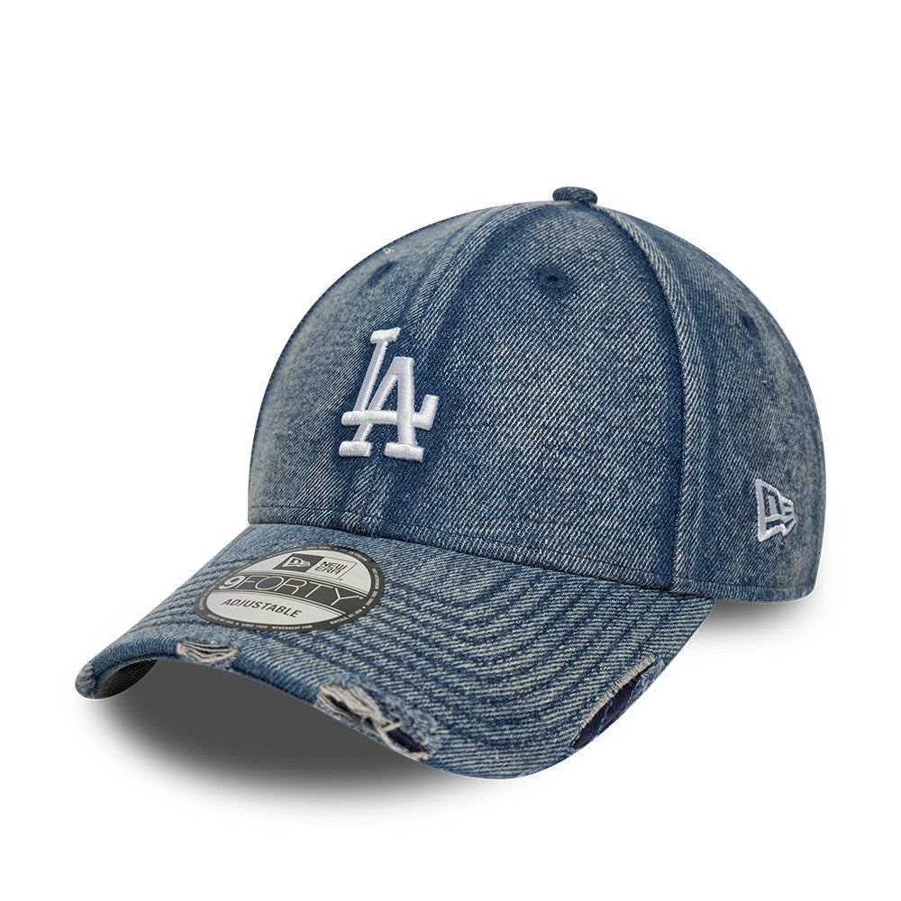 New Era 9FORTY Los Angeles Dodgers blå acid wash denim cap med justerbart bånd og logo.