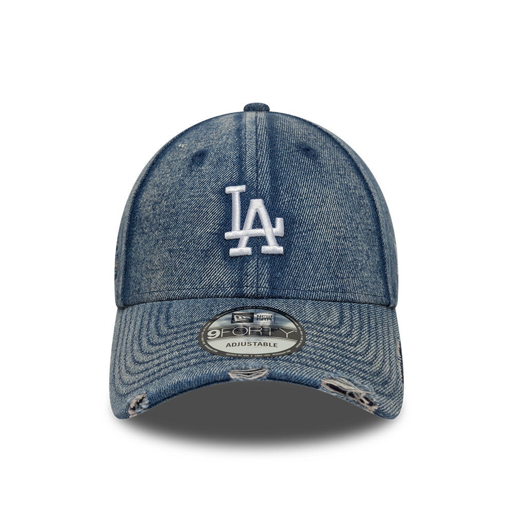 Drenge New Era 9FORTY Los Angeles Dodgers blå acid-wash denim kasket set fra side, visende logo og justerbar rem.