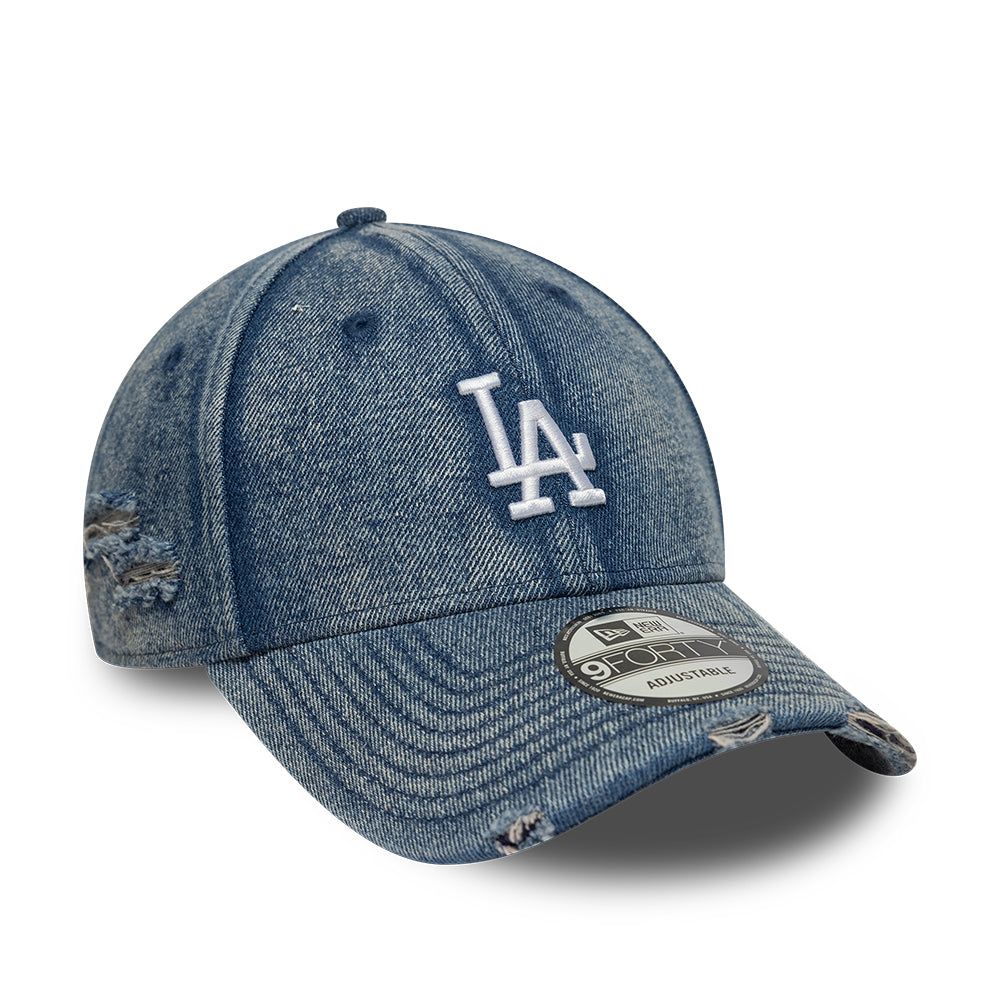 Blå New Era 9FORTY Los Angeles Dodgers cap i acid wash denim med justerbart bånd og tydeligt Dodgers logo foran.