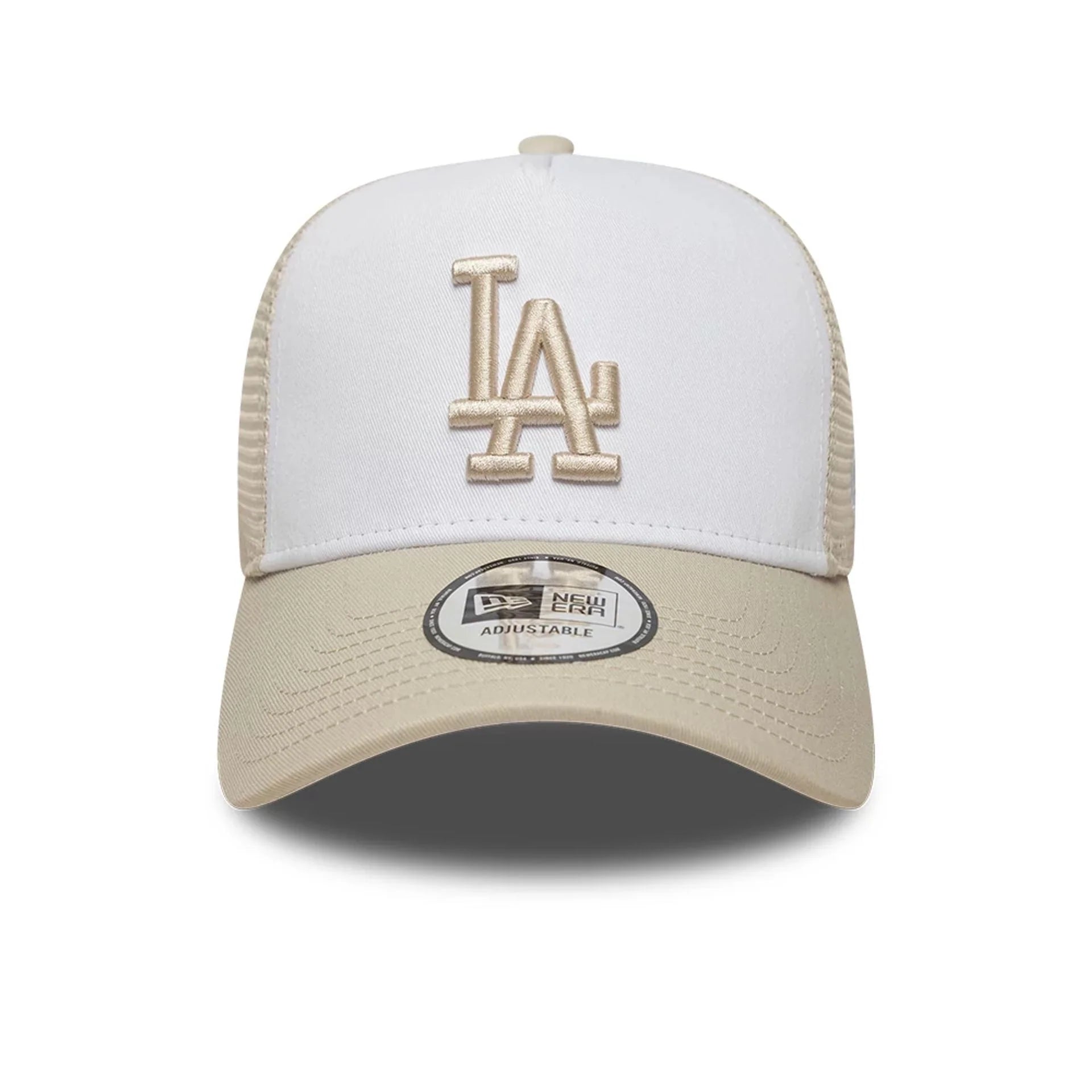 New Era League Essential trucker cap med Los Angeles Lakers logo i stone og hvid farve, justerbar snapback.