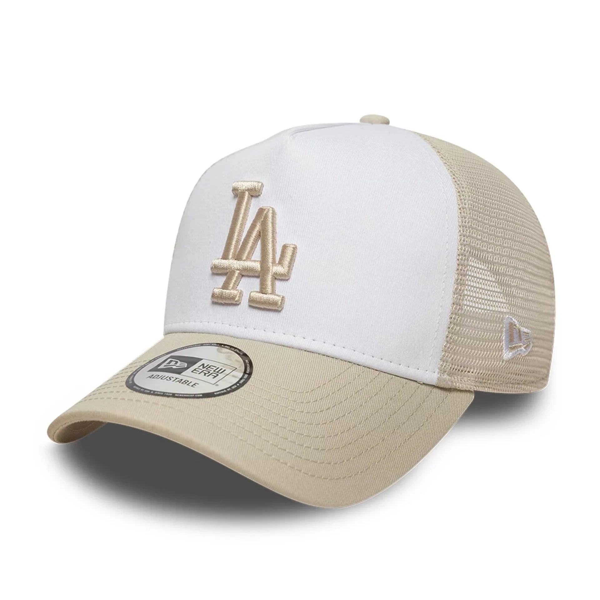 New Era Lakers trucker cap i sten og hvid med LA-logo, mesh baggrund og justerbar rem foran.
