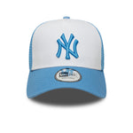 Let trøje New Era League Essential Trucker Cap med lyseblå og hvide farver, med Yankees logo foran.
