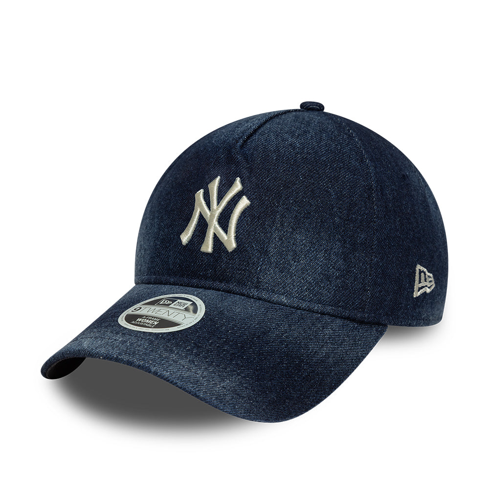 Navy New Era 9TWENTY WMNS denim A-Frame cap med New York Yankees logo og justerbar brem.