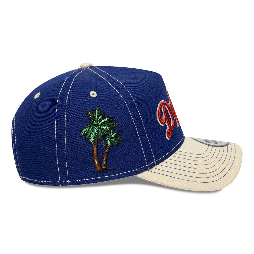 New Era 9FORTY E-Frame Los Angeles Dodgers cap i blå og krom farver med bylogo, sporty og stilfuld hovedbeklædning