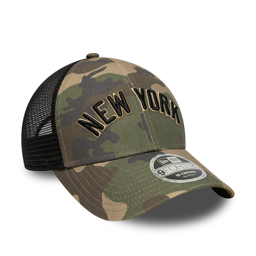New Era 9FORTY M-CROWN New York Yankees kasket med camouflage mønster i woodland camo design.