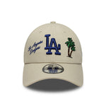 Dækkesyning af New Era CITY ICON 9FORTY Los Angeles Dodgers kasket i stenfarve, vises med visir og logo foran.