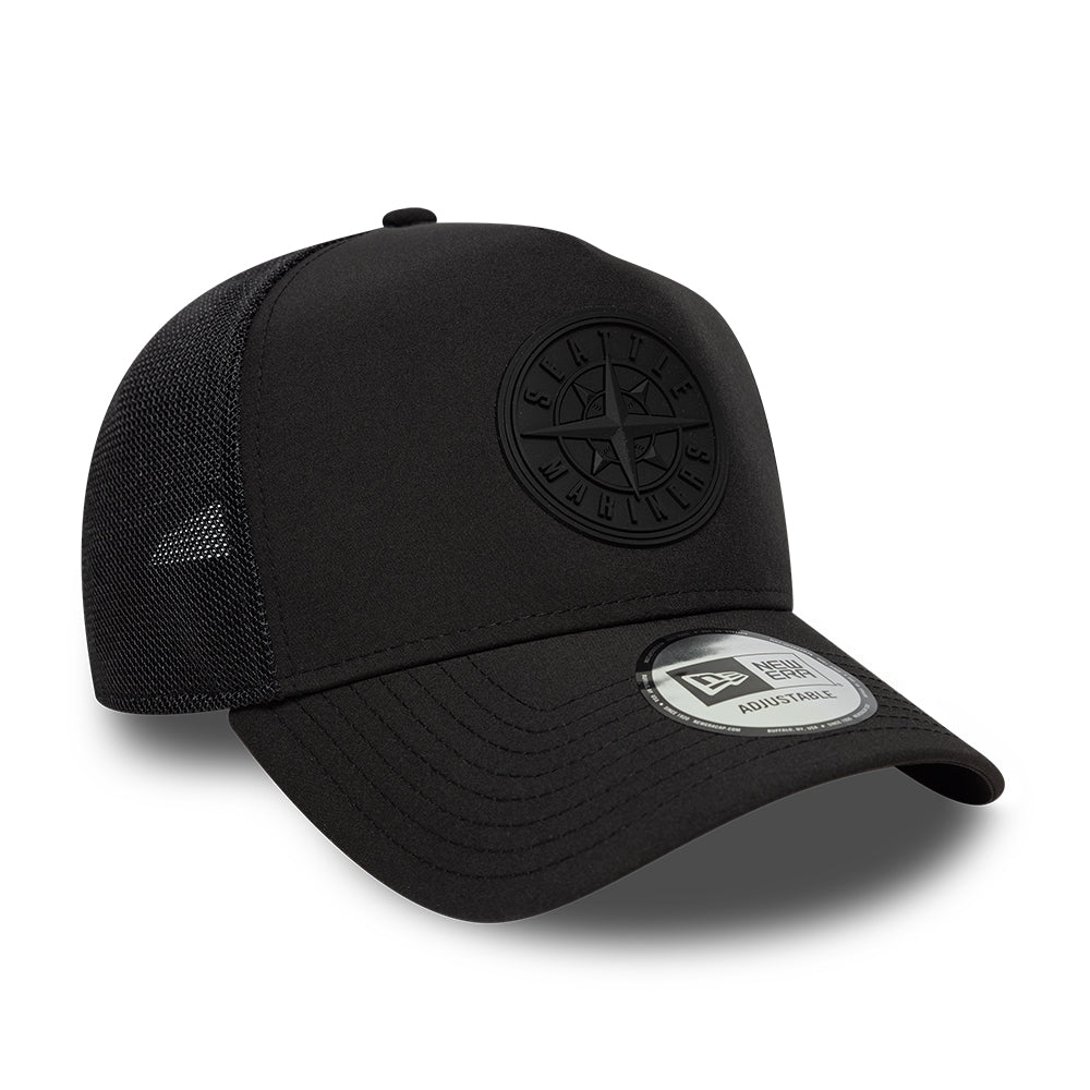 Sort New Era MLB sporttrucker cap med Seattle Mariners logo, komfortabel og stilfuld baseball caps til fans.