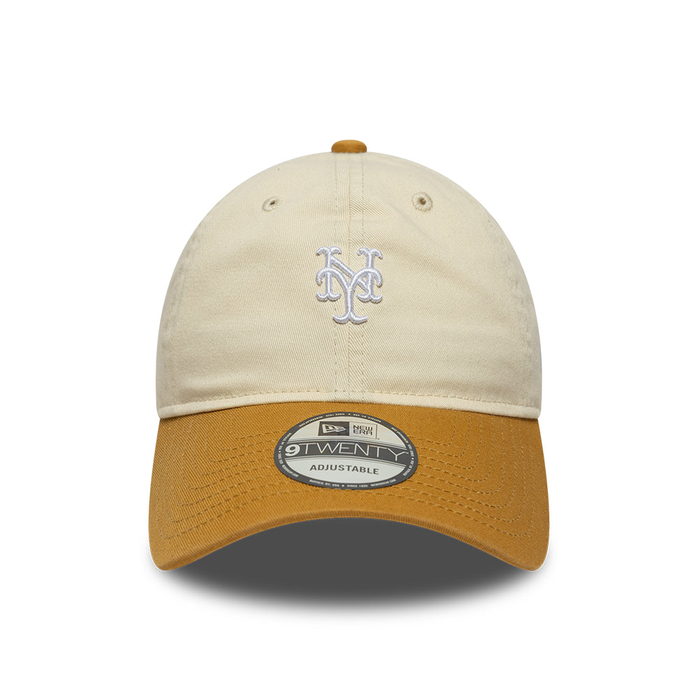 New Era New York Mets 9TWENTY mini cap i vasket stone og mørk beige med kontrastdetaljer, afslappet og stilfuld hovedbeklædning
