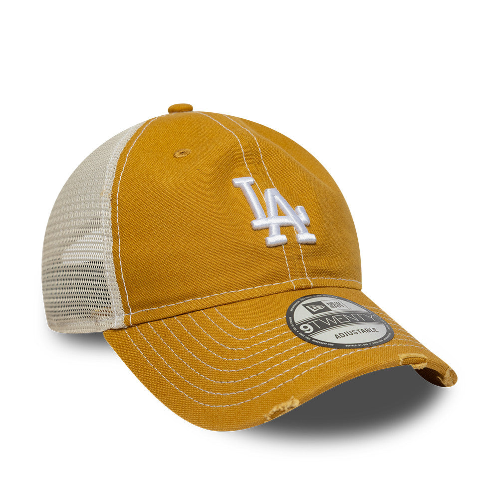Beige New Era Los Angeles Dodgers 9TWENTY Trucker Cap med canvas materiale og justerbar snapback.