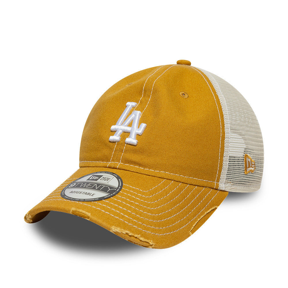 Beige New Era Los Angeles Dodgers 9TWENTY canvas trucker cap med meshbag og Dodgers logo.