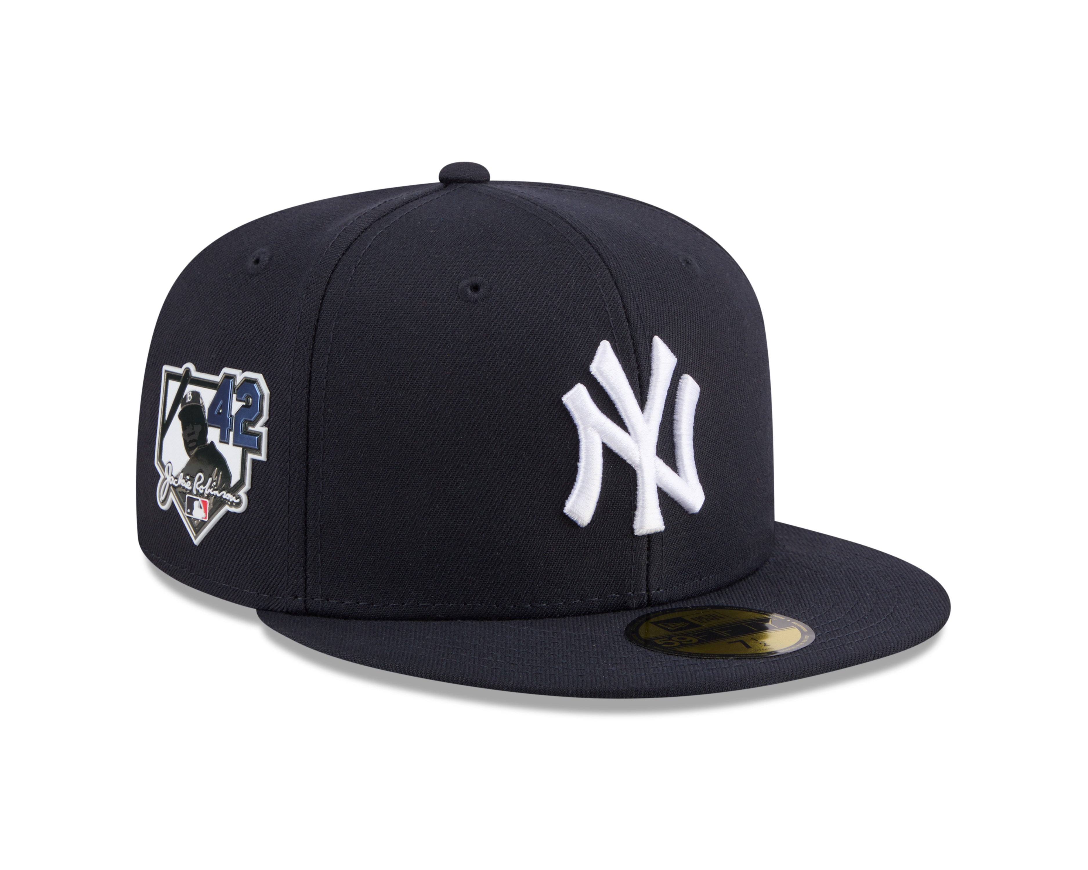 New Era 59FIFTY baseballkasket med Jackie Robinson JRD logo i navy til New York Yankees, frontvisning med flat brem.