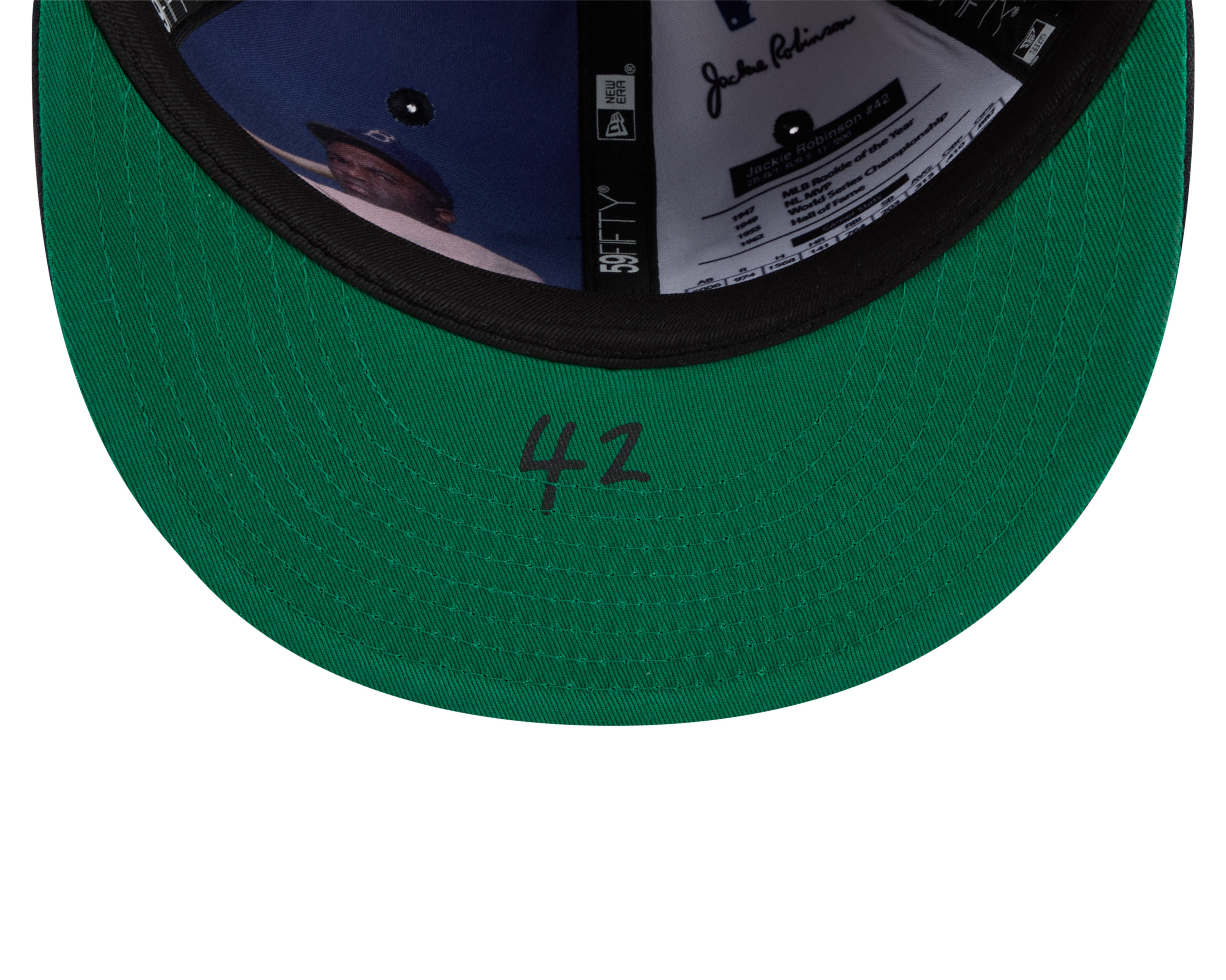 Navy New Era 59FIFTY cap med Jackie Robinson JRD og Yankees logo, flat front, justeret pasform, detaljeret syn.