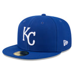 New Era 59FIFTY baseballkasket med Jackie Robinson JRD design i blå Kansas City Royals farver, synligt fra forsiden