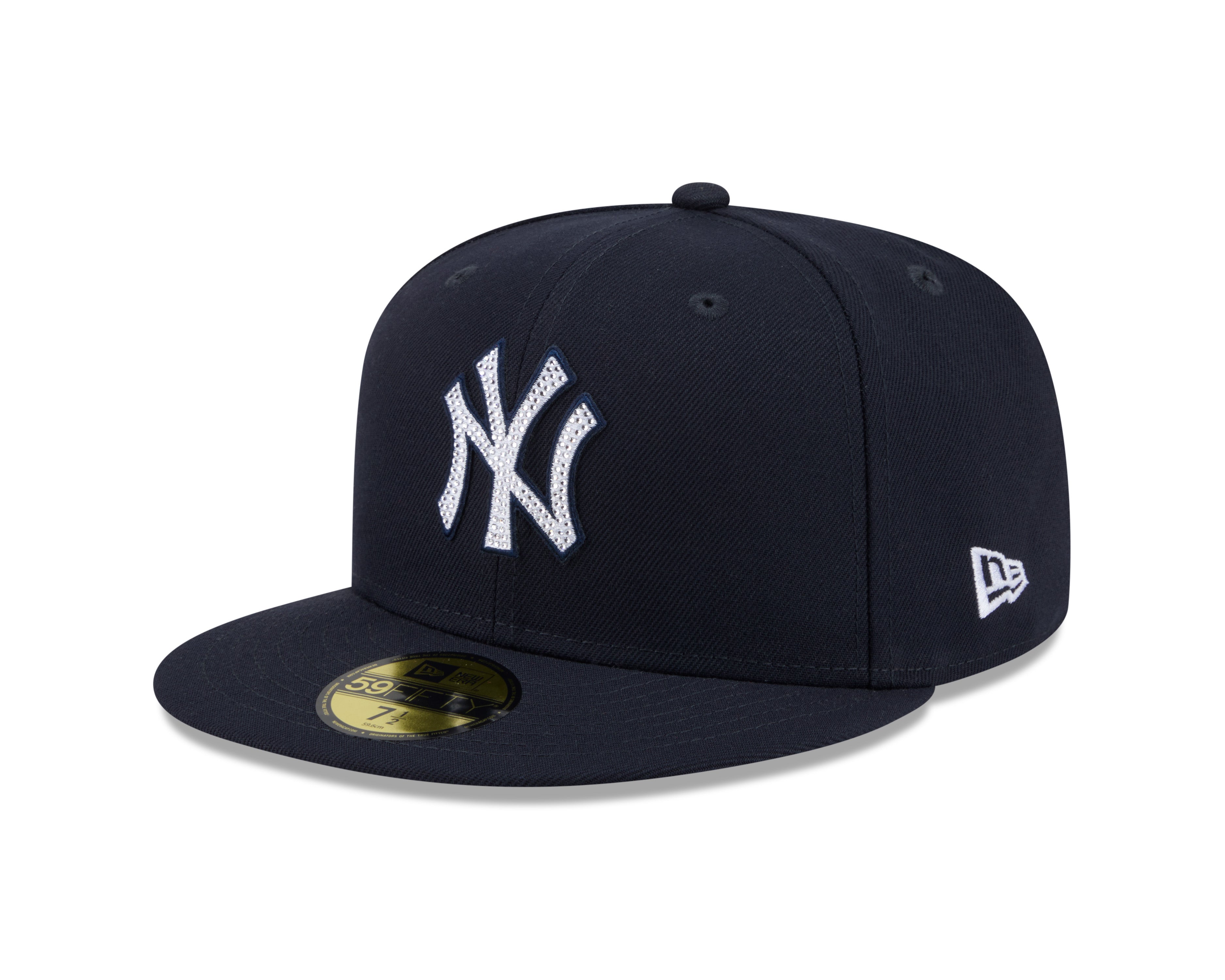 New Era 59FIFTY fitted cap med rhinestone badge og NY Yankees logo, sort og grå farve, foran med synligt broderi.