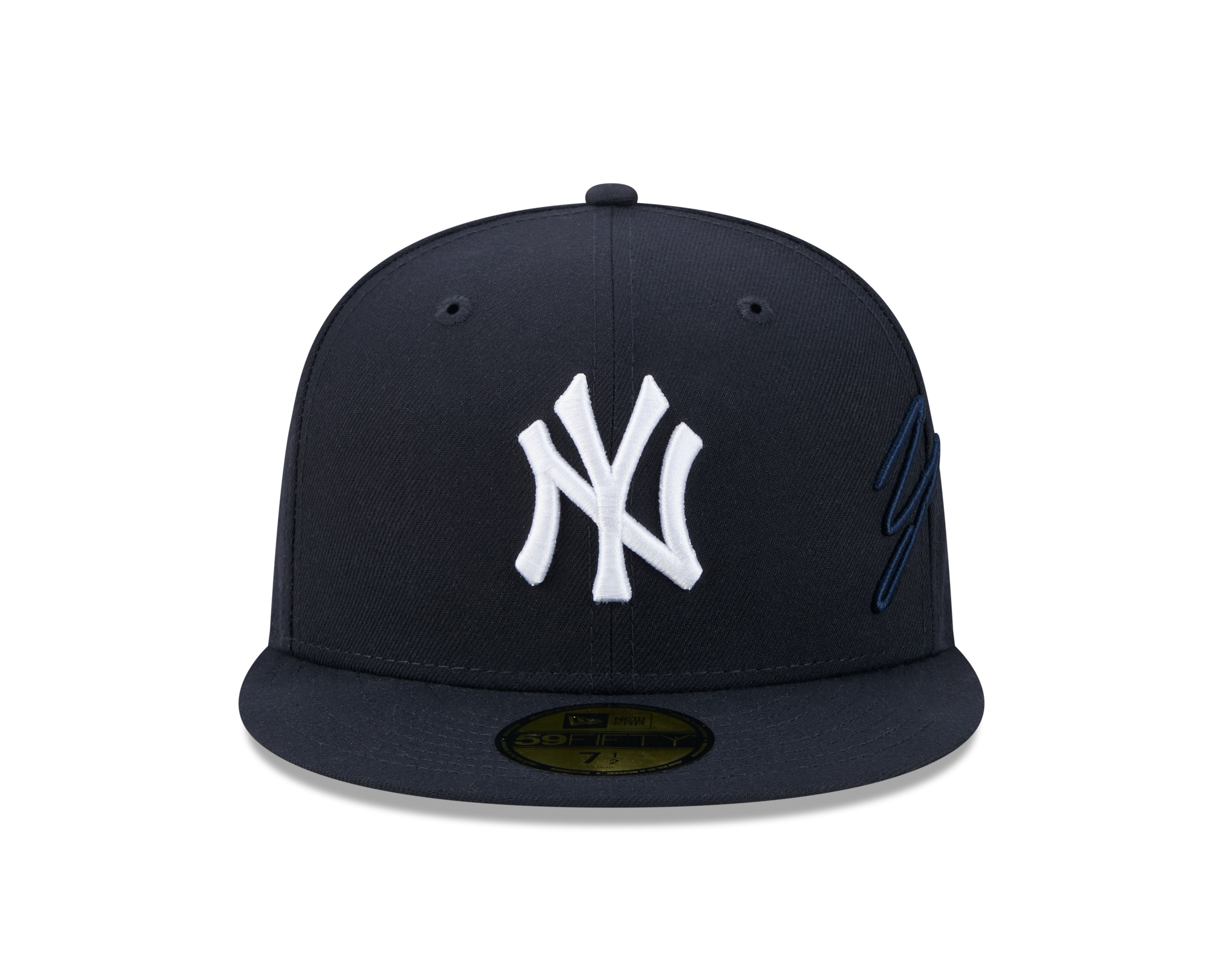 New Era 59FIFTY fitted cap med side script, navy farve, New York Yankees logo, sports cap, tæt visning