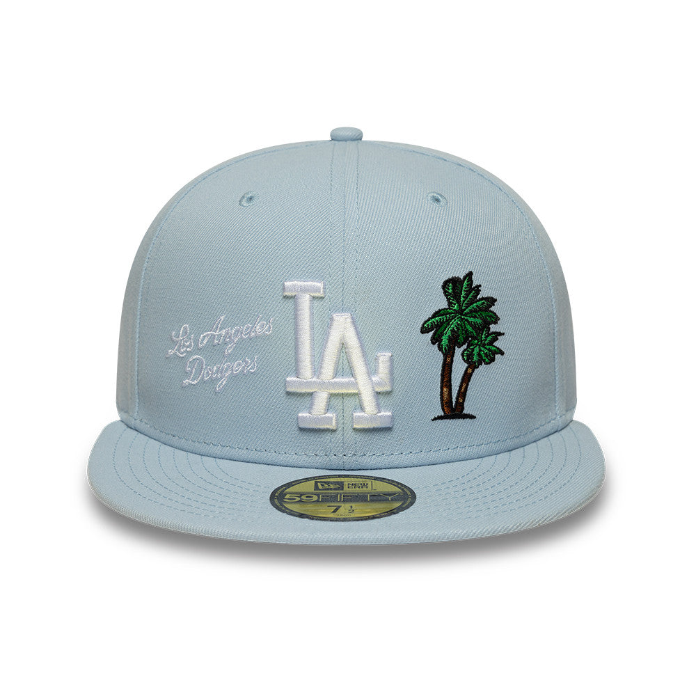 Lys blå New Era 59FIFTY fitted cap med Los Angeles Dodgers CITY ICON logo, sportstil og detaljeret syn.