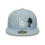 Lys blå New Era 59FIFTY fitted cap med Los Angeles Dodgers CITY ICON logo, sportstil og detaljeret syn.